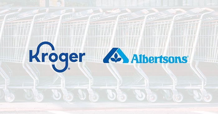 shopping carts with Kroger and Albertsons logos