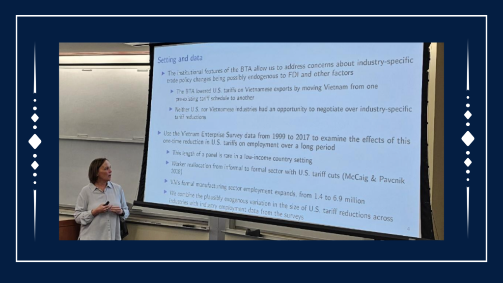 Nina Pavcnik, Professor of Economics at Dartmouth University, presented her latest research examining the long-term employment effects of tariff reductions in developing countries