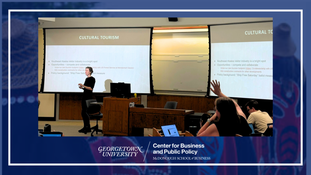 Bianca Carpeneti speaks in front of a classroom at Georgetown University about cultural tourism