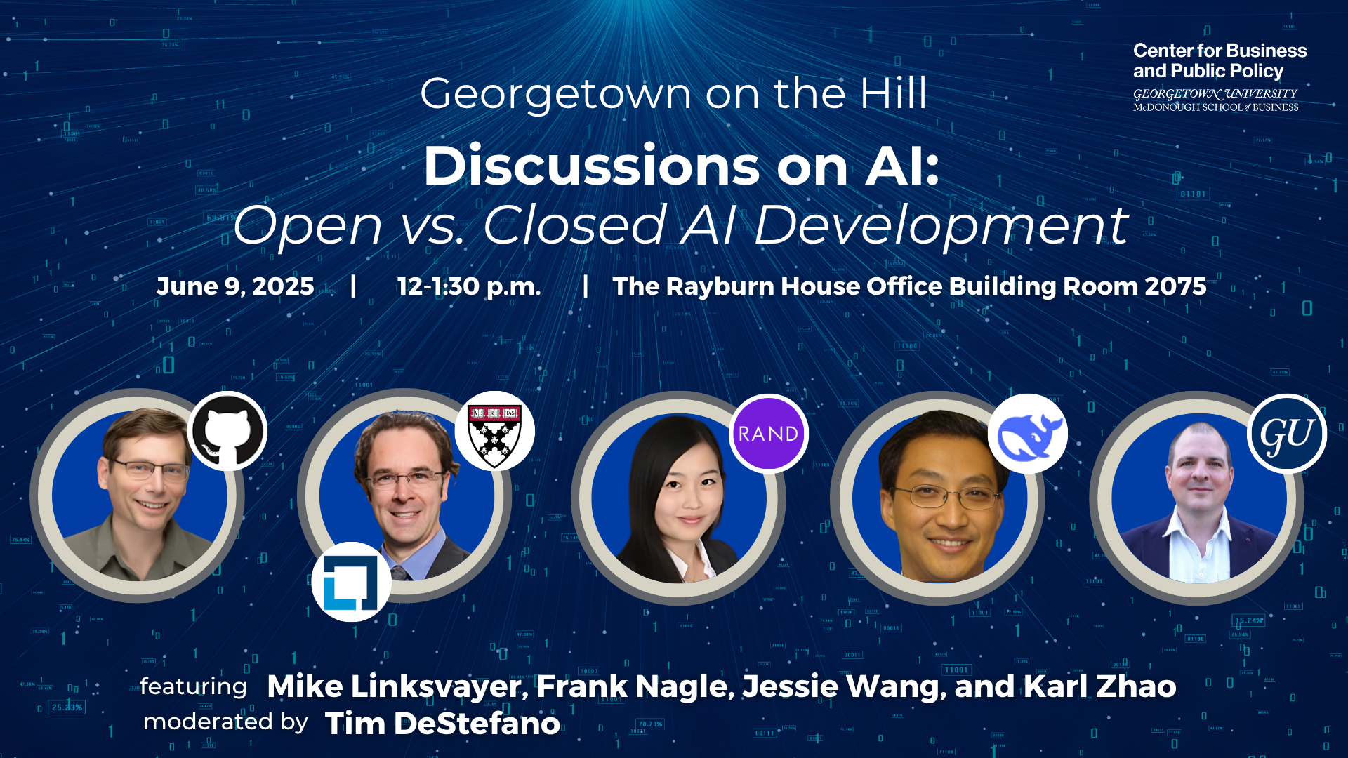 Promotional graphic with blue background and binary code for Georgetown on the Hill event hosted by the Center for Business and Public Policy at Georgetown University's McDonough School of Business. The event is titled "Discussions on AI: Open vs. Closed AI Development." Headshots of the four panelists are included – from left to right: Mike Linksvayer, Frank Nagle, Jessie Wang, and Karl Zhao. The final headshot (right) is moderator Tim DeStefano.