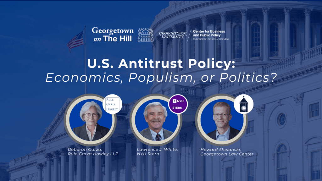 Graphic for GOTH event: U.S. Antitrust Policy with three panelists' headshots