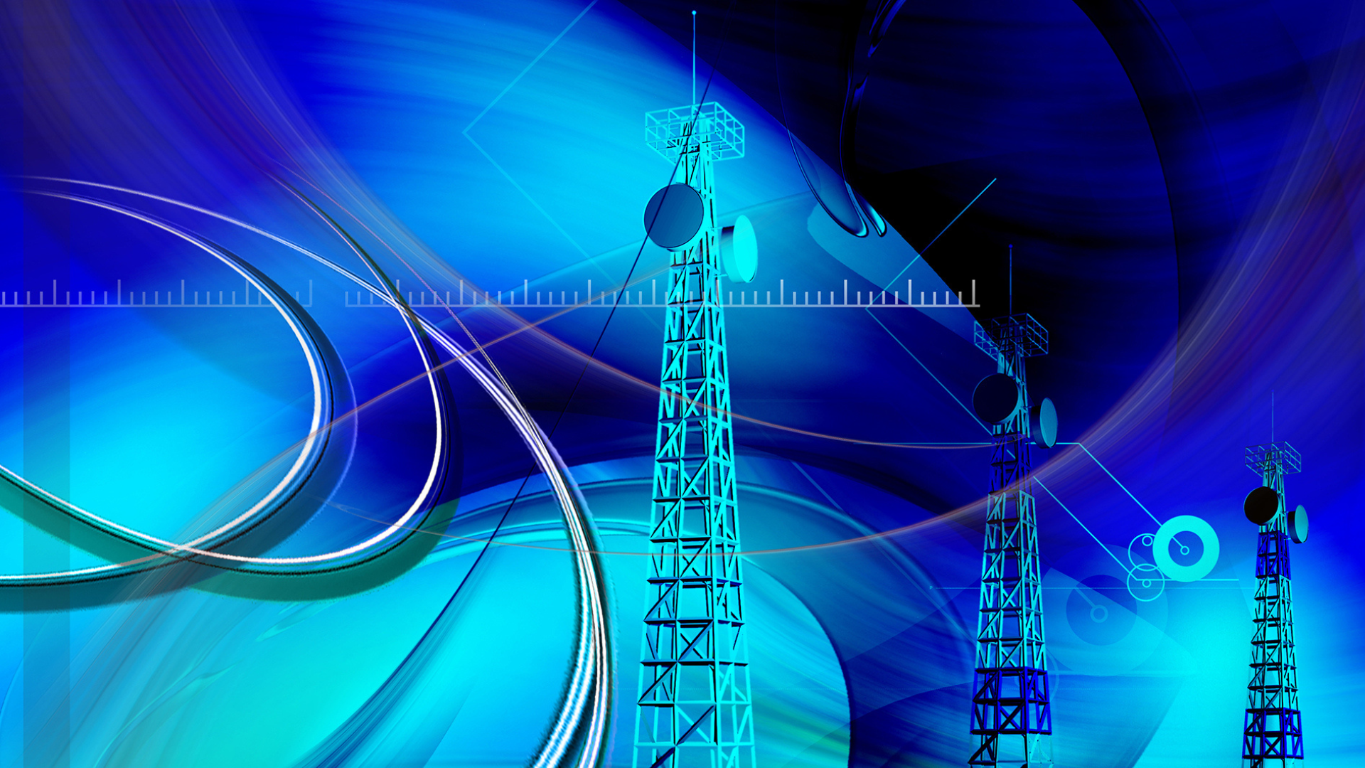 Abstract blue and teal illustration of telecommunications towers with antennas and signal lines, set against swirling digital waves and circular graphic elements suggesting wireless connectivity and data transmission.