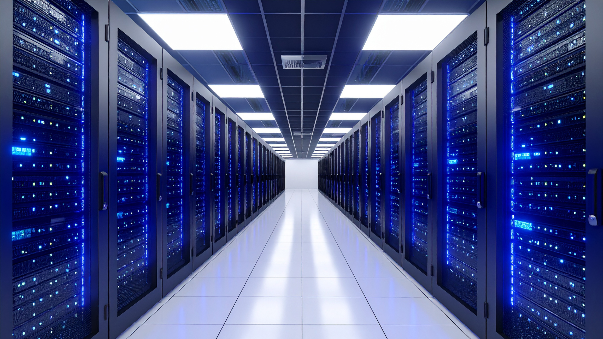 Long hallway with computers lining both sides and overhead lighting.