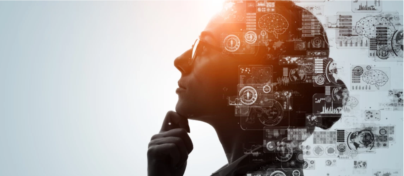 Woman looking up brain and other graphics surrounding her.