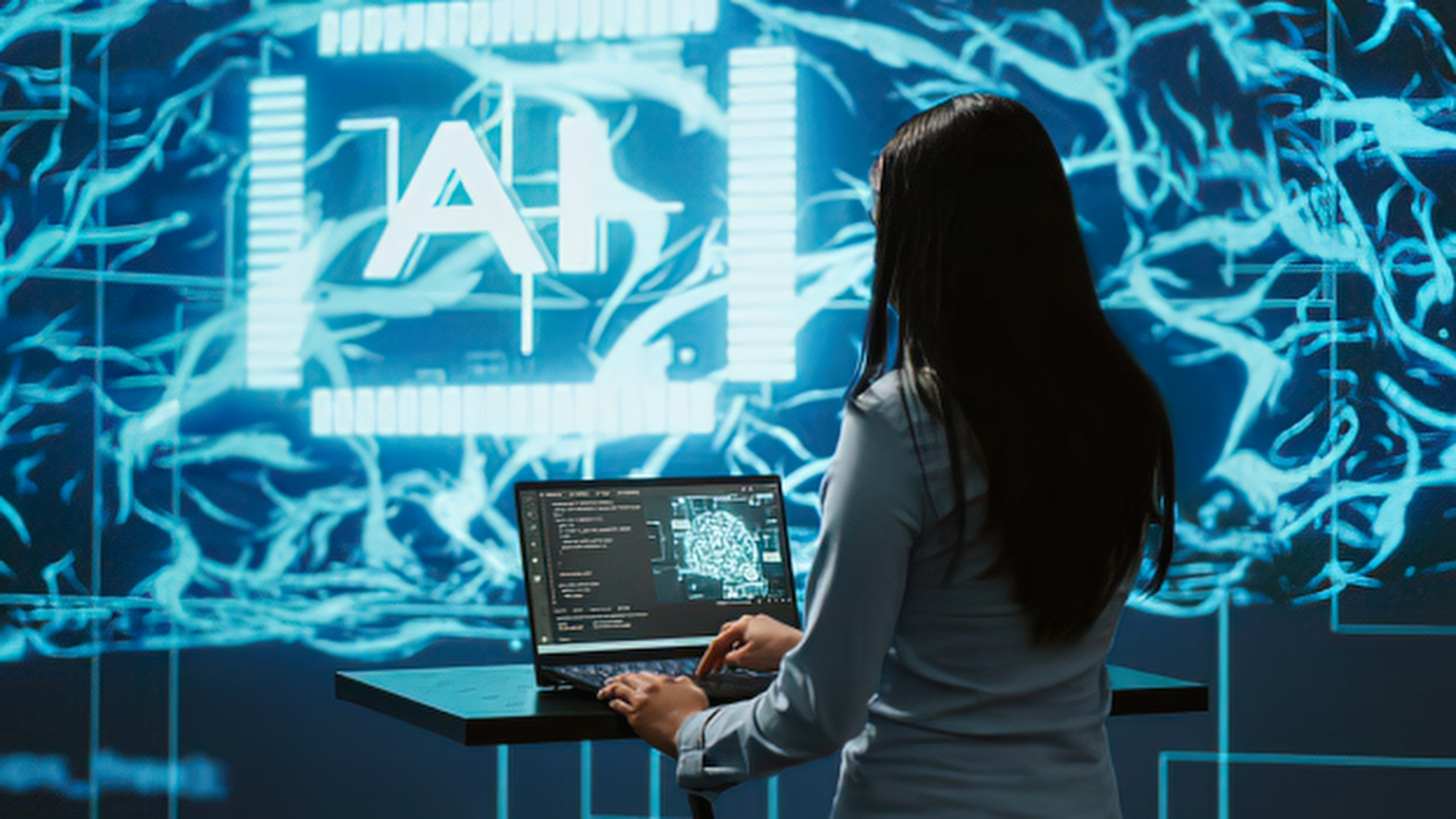 A woman typing on a computer with a neon sign that reads 